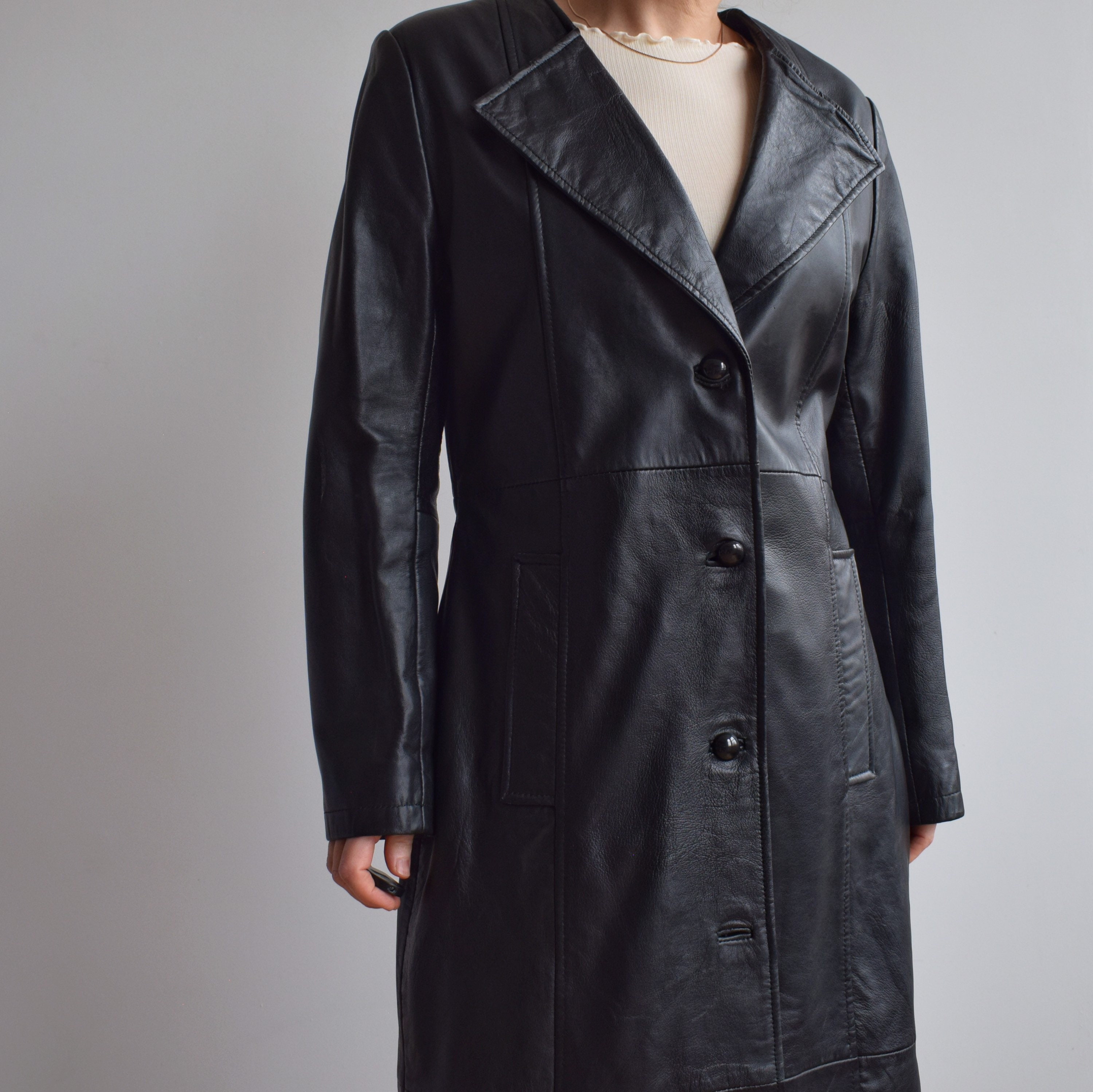 Vintage Black Leather Long Trench Coat. Originally Womens Size S 