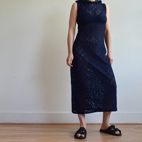 Vintage crochet navy blue dress with hood. Origin… - image 3