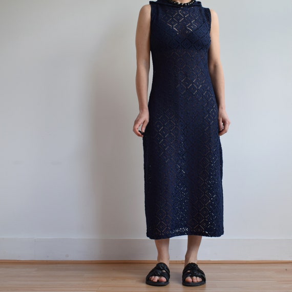 Vintage crochet navy blue dress with hood. Origin… - image 6