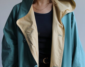 Vintage sage blue short trench coat with hood. Originally women’s size M. 90’s era.