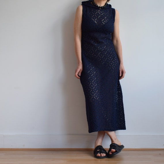 Vintage crochet navy blue dress with hood. Origin… - image 5