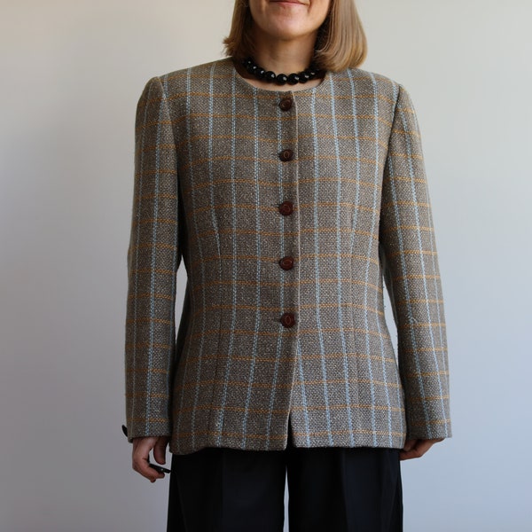 Blazer vintage con estampado de cuadros de lana / seda / chaqueta a medida. Originalmente talla L de mujer. Época de los 90.