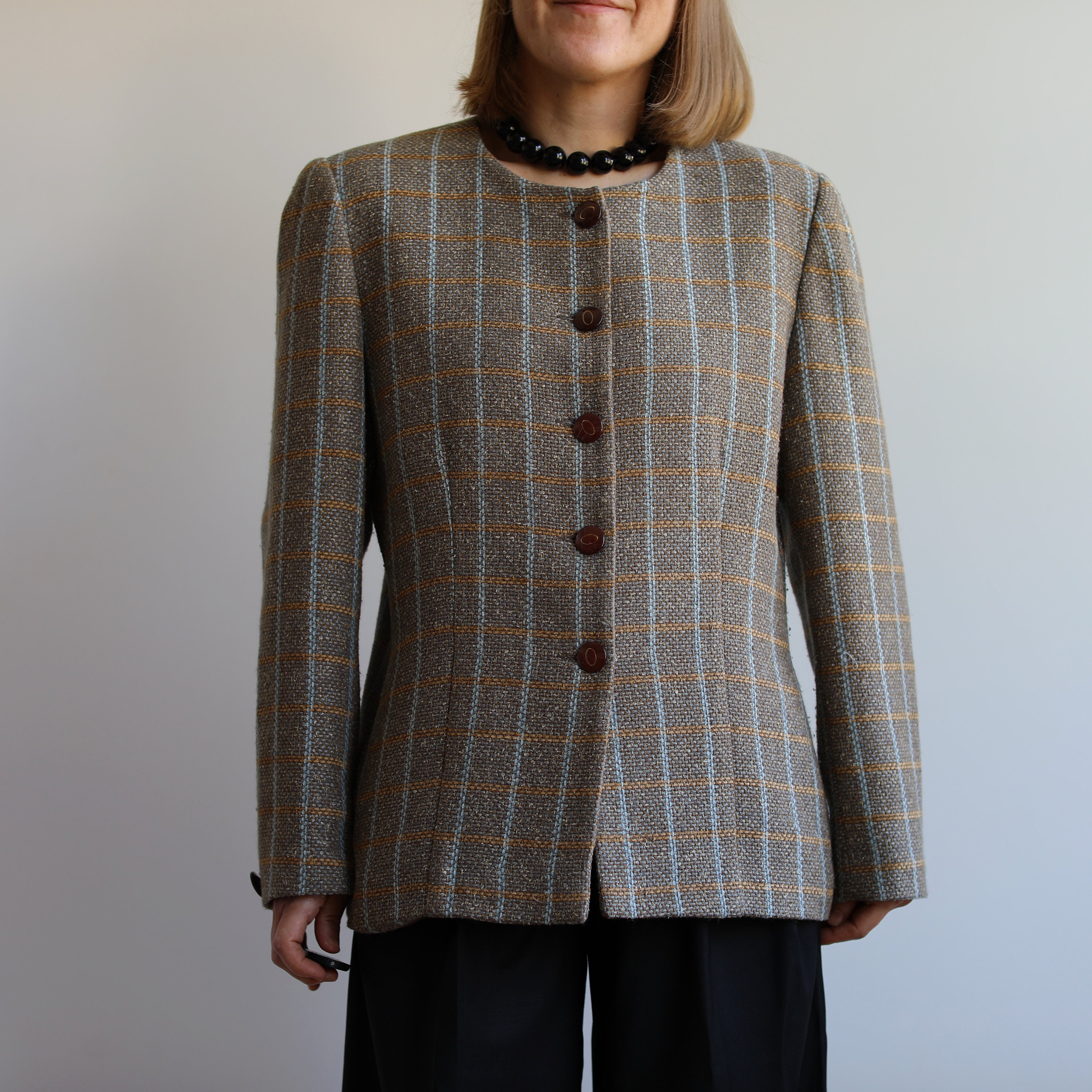 Vintage Wool / Silk Boxy Check Pattern Blazer / Tailored Jacket