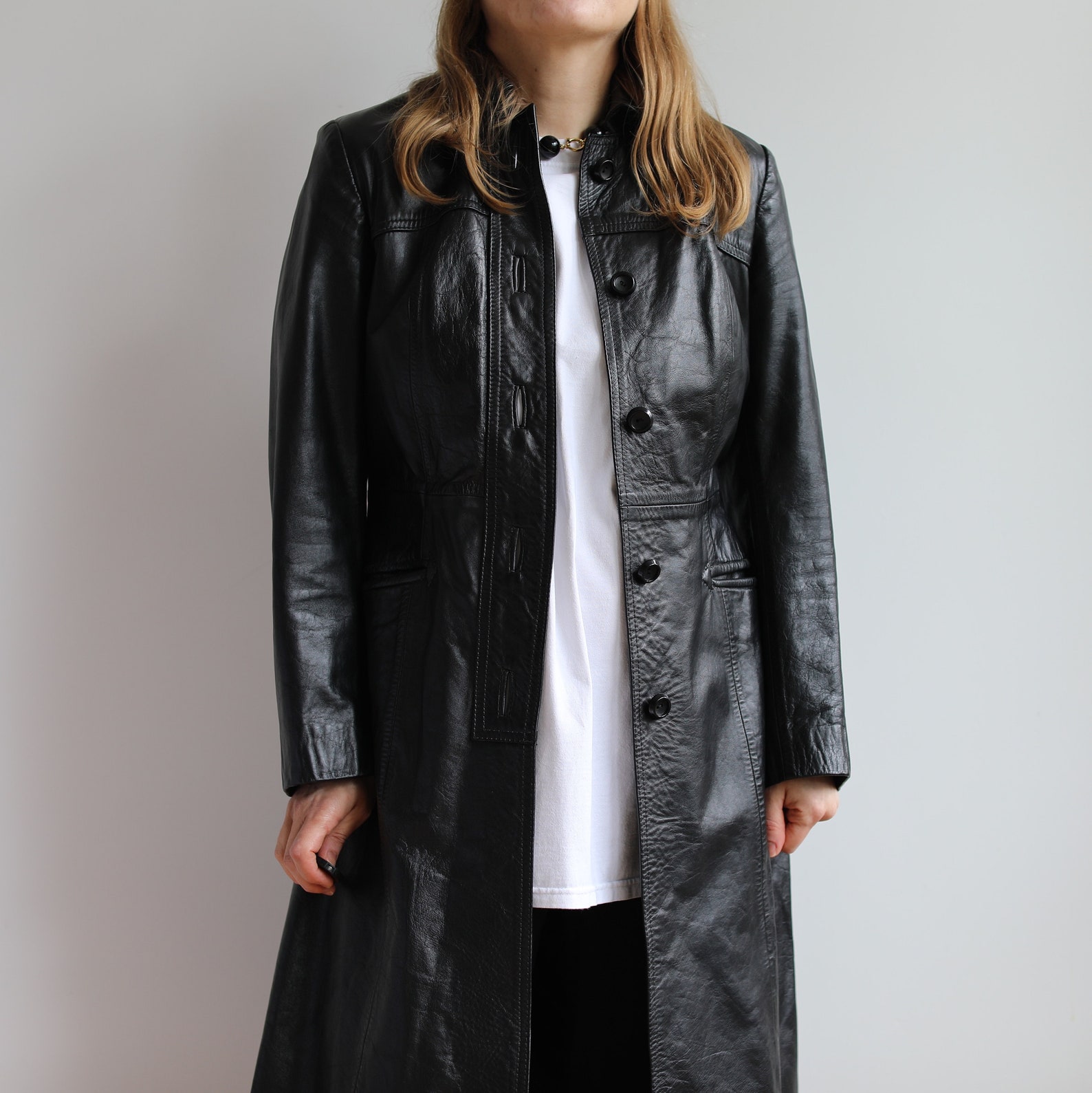 Vintage Black Leather Trench Coat (S)