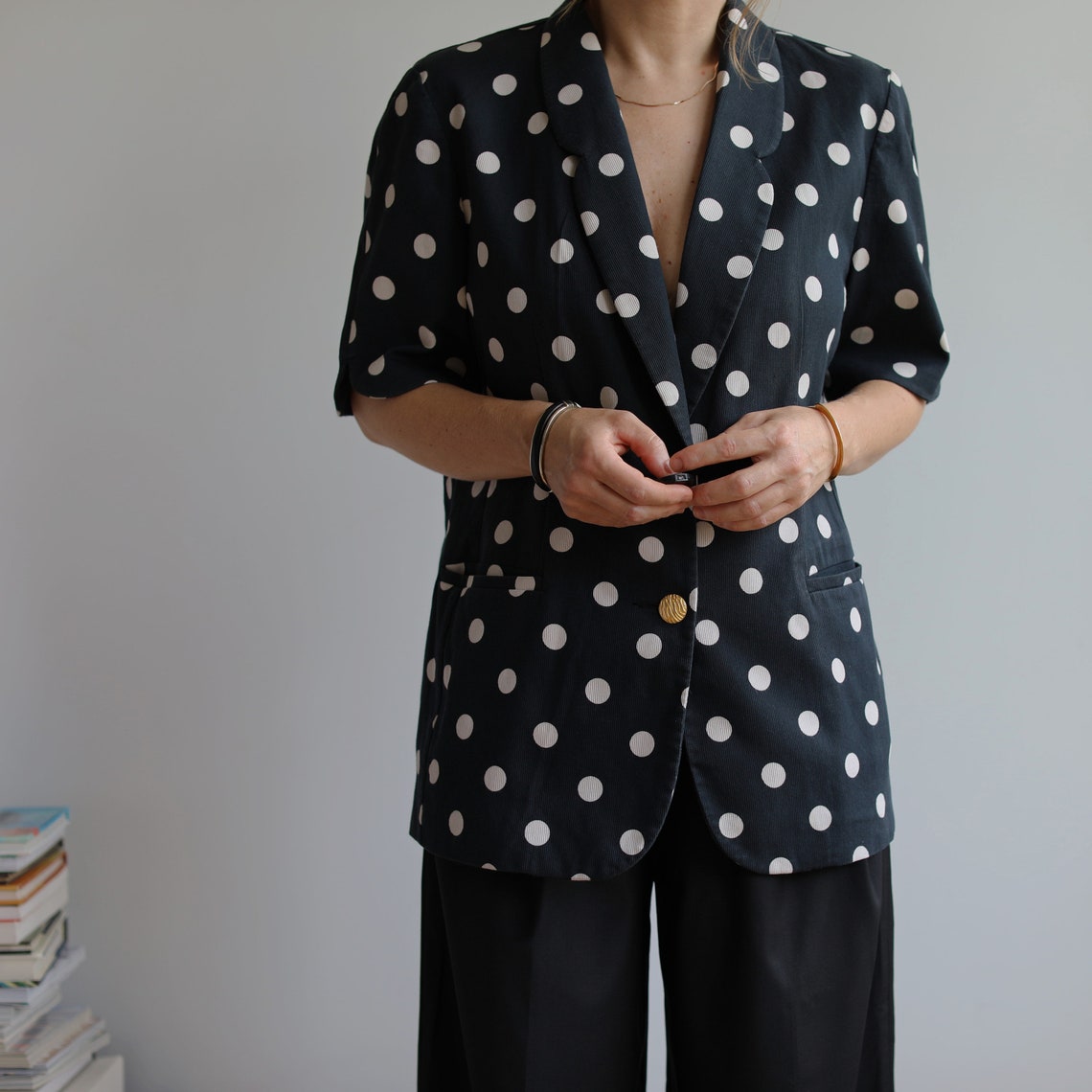 Vintage Polka Dot Cotton Blazer: Short Sleeve 00s Style, Foto 4 von 5