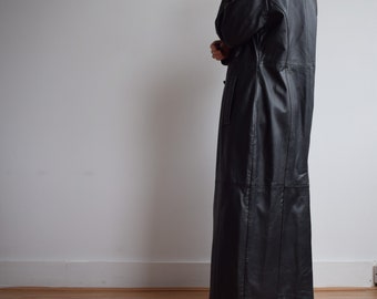 Vintage Black Leather Long Trench Coat. Originally Women's