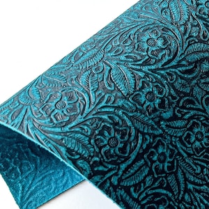 Cowhide Leather - Teal Floral Embossed Suede Leather Sheets 3-4oz (1.2-1.6mm) | Genuine Leather | Embossed Leather