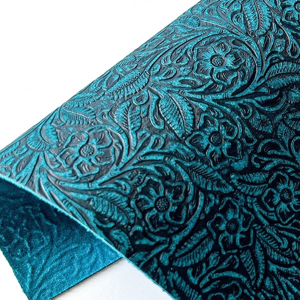 Cowhide Leather - Teal Floral Embossed Suede Leather Sheets 3-4oz (1.2-1.6mm) | Genuine Leather | Embossed Leather