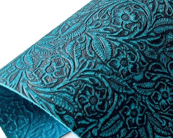 Cowhide Leather - Teal Floral Embossed Suede Leather Sheets 3-4oz (1.2-1.6mm) | Genuine Leather | Embossed Leather