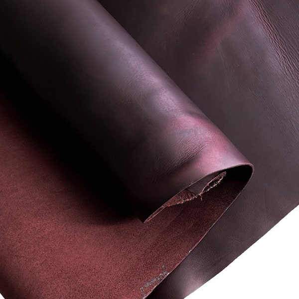 Burgundy Oil Tan Cowhide Leather in Half Hide | 5.5oz-6oz | 2.2mm-2.4mm | Leather for Journal Cover | Leather For Tote | Bag Making