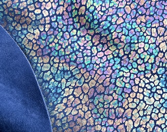 Iridescent Leopard On Suede - Blue | Oil Slick Leopard On Blue Cowhide Suede Leather | 3oz-3.5oz (1.2mm-1.4mm)