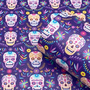 Marine Vinyl Sheet - Purple Sugar Skull Faux Leather | Faux Leather Sheet | Earring Material | Hair Bow Fabric | Keychain Faux Leather