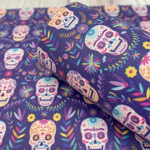 Printed Leather - Purple Sugar Skull | Leather Panels | Earring Leather | Purse Leather | Inlay Leather | Chrome Free Leather