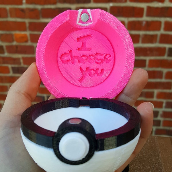 Love Ball Engagement Ring Box with "I Choose You" Insert - Pokeball 3D Printed Pokemon