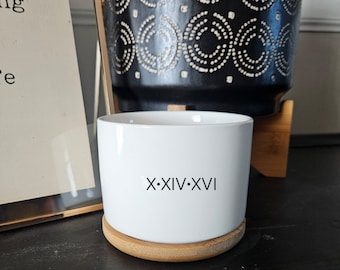 Personalized Date Succulent Planter | Ceramic Pot with Bamboo Coaster