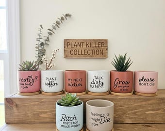 Peut inclure: Une collection de petits pots de fleurs en céramique colorés avec des phrases humoristiques en noir. Les pots sont roses, blancs, terracotta et bleu-vert, chacun contenant une plante succulente. Un panneau en bois au-dessus indique "PLANT KILLER COLLECTION."