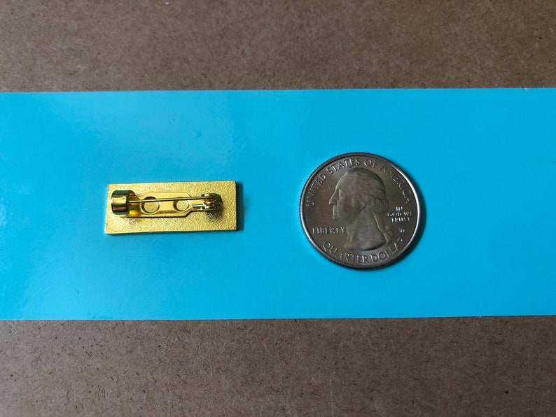 May include: A gold-colored metal pin back with a safety pin closure. The pin back is about the size of a US quarter.
