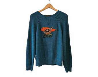Upcycled Bird Sweater - Men's Size Large - Hand Needle Felted with Wool