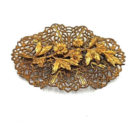 Beautiful Intricate Vintage Brass Filigree Brooch… - image 1