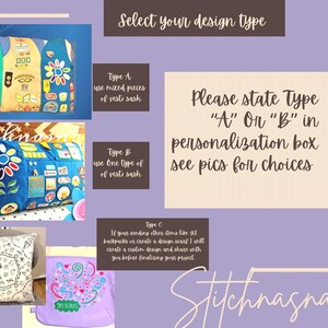 May include: Image showcasing custom design options for vests, bags, and pillows. Includes examples of vests with mixed patches and single-type sashes, a pillow with a geometric design, and a purple bag with a colorful graphic. Text prompts customers to specify design type.