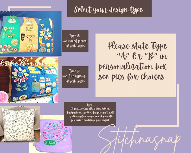 May include: Image showcasing custom design options for vests, bags, and pillows. Includes examples of vests with mixed patches and single-type sashes, a pillow with a geometric design, and a purple bag with a colorful graphic. Text prompts customers to specify design type.
