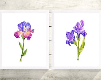 Set of 2 Iris Flowers Print, Iris Flower Gift, Iris Flower Art, Iris Flower Print, Purple Wall Art, Blue Wall Art, Set of 2 Prints