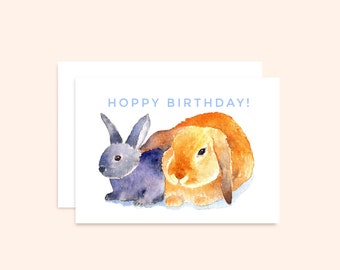 Loving Bunnies Birthday Card, Bunny Prints, Happy Birthday Cards, Watercolor Bunny Cards, Rabbit Birthday Cards, Hoppy Birthday