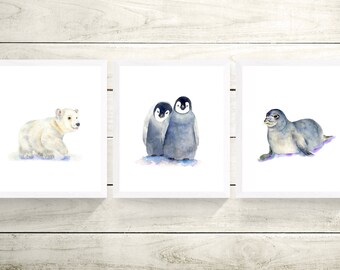 Arctic Nursery Set of 3 Prints, Gender Neutral Nursery Art, Gender Neutral Decal, Polar Bear Print, Seal Print, Penguin Print