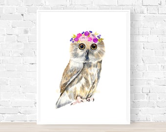 Baby Owl Print, Watercolor Saw Whet Owl, Bird Print, Woodland Owl with Flower Crown, Night Owl, Woodland Nursery, North American Owl