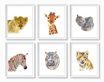 Safari Nursery Prints, Set of 6 Prints, Watercolor Nursery, Baby Animal Prints, Zoo Animal Nursery, Baby Safari Prints, Animal Nursery Art