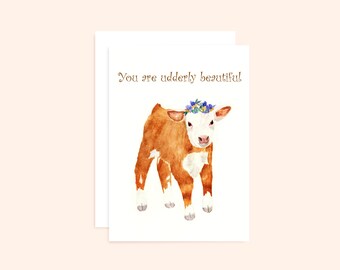 Hereford Cow Card, "You are udderly beautiful", Funny Animal Card, Cow Flower Crown Card, Love Card, Valentine's Day Card, Friendship Card