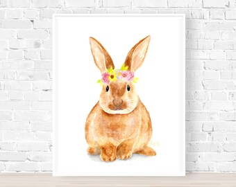 Bunny with Flower Crown Print, Watercolor Bunny, Nursery Rabbit, Bunny Illustration, Girls Room Decor, Cute Rabbit Picture, Nursery Animal