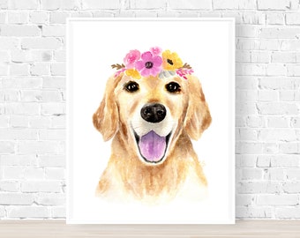 Golden Retriever Print with Pink Flower Crown, Golden Retriever Art, Golden Retriever Gifts, Animal Illustration, Dog Art, Dog Art Print