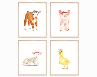 Flower Crown Farm Animals, Flower Crown, Flower Girl Gift, Farmhouse Decor, Nursery Wall Art, Set of 4 Prints, Farmhouse Wall Decor, Flower