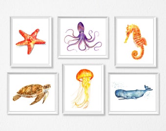 Sea Print, Sea Life Print, Set of 6 Prints, Sea Life Wall Decals, Sea Life Wall Art, Sea Life Watercolor, Sea Life Wall Decor, Beach house