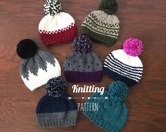 May include: Seven knitted hats with pom-poms in various colors and patterns. The hats are arranged in a circle on a wooden surface. The text "Knitting Pattern" is visible in the center of the image.