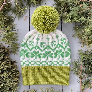 May include: A green and white knitted hat with a green pom-pom on top. The hat has a white background with a green geometric pattern.