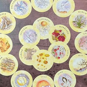 May include: A collection of round oracle cards with watercolor illustrations and text. The cards feature images of flowers, celestial bodies, and seasonal elements. Keywords like "Marriage", "Career", and "Happiness" are visible.