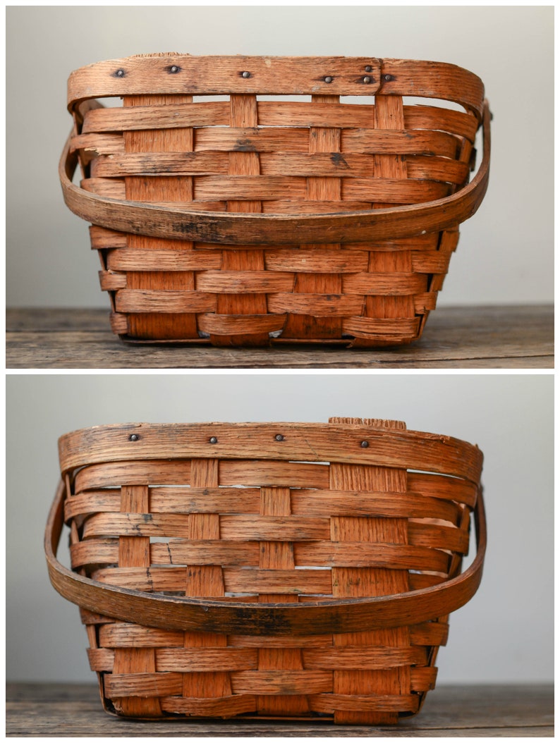 Vintage Split Wood Woven Basket with Collapsing Handles Etsy
