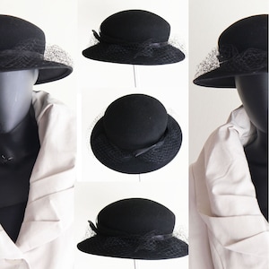 Vintage Bollman Black Wool Doeskin Felt Church/Wedding/Formal Hat Size M