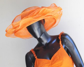 Vintage Orange High Quality Organza Summer Hat/church hat/wedding/Derby  Wide Brim One Size