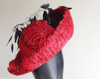 Gorgeous Jack McConnell Vintage "Red Feather"  Red & Black Feather Hat   US One size