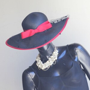 Vintage Lonette Originals Blak Straw Hat with Red trim and birdcage veil netting  US  One size