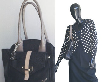 Vintage Guess Faux Leather Tote Handbag with Tan Handle and Trim, US Size Medium/Large