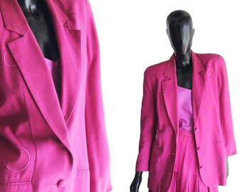 Vintage 90s DB Waldo Embroidered Fuchsia Pink Blazer and Skirt Set Size 6