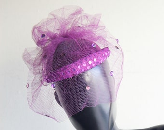 Vintage 80s  Gorgeous Sequin Magenta Fascinator Hat US One zise