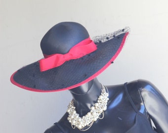 Vintage Lonette Originals Blak Straw Hat with Red trim and birdcage veil netting  US  One size