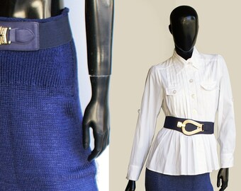 Vintage 80s  Navy Pencil Midi Skirt  US Size Medium