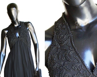 vintage Carmen De Salvo Mini robe en soie perlée noire vers les années 90 Taille 6