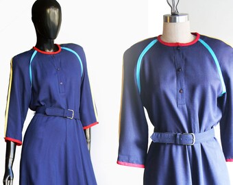 Vintage 80s PETRINA  Navy Blue belted Dress with 3/4 Multicolor Trimmed Raglan Sleeve, Size XL